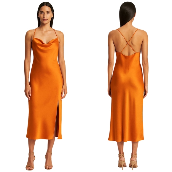 Banana Republic Dresses & Skirts - BANANA REPUBLIC Satin Slip Dress Womens Small Orange Cowl Neck Midi NWT Formal